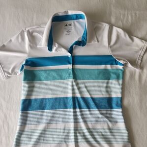 Adidas Women's Striped Polo Shirt - White and Blue